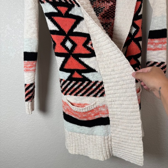 Atmosphere Cardigan Open Front Duster Geometric Aztec Print Sweater‎ Knit - Picture 5 of 8